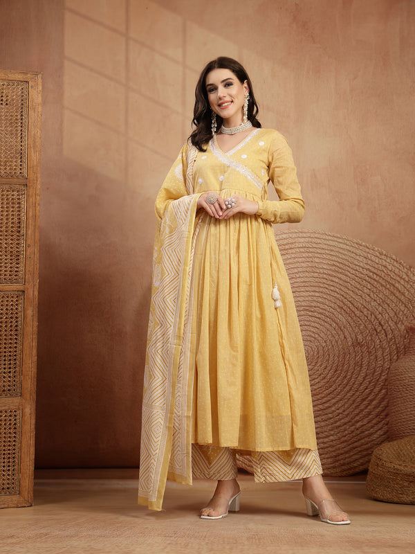 Kimayra Cotton Calf Length Printed 3/4 Sleeve V-Neck Flared Kurta Suit Set