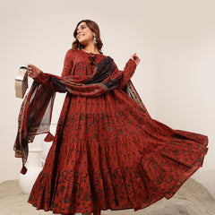 Kimayra Cotton Ankle Length Printed Full Sleeve Key Hole Neck Flared Kurta Suit Set
