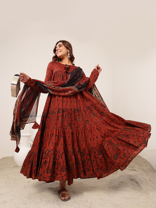 Kimayra Cotton Ankle Length Printed Full Sleeve Key Hole Neck Flared Kurta Suit Set