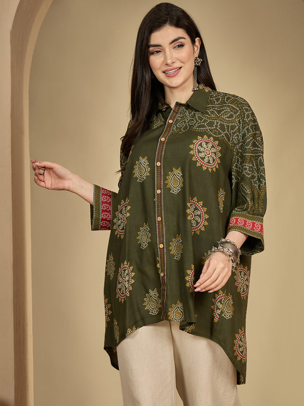 Kimayra Rayon Hip Length Printed 3/4 Sleeve Shirt Collar Flared Top