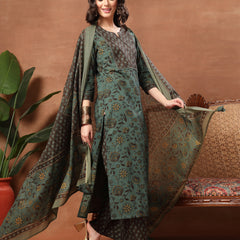 Kimayra Cotton Calf Length Printed 3/4 Sleeve Round Neck Straight Kurta Suit Set