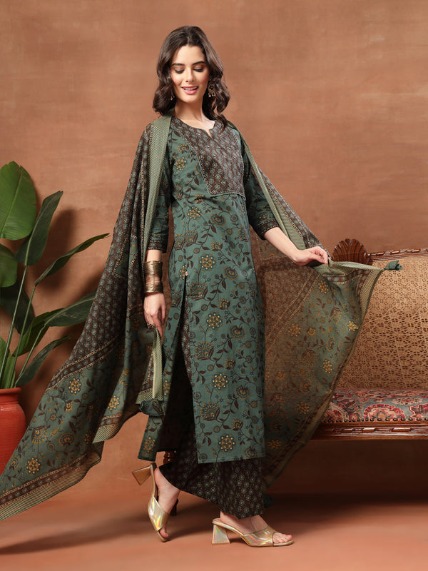 Kimayra Cotton Calf Length Printed 3/4 Sleeve Round Neck Straight Kurta Suit Set