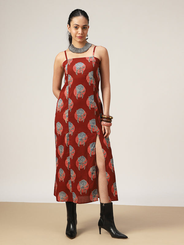 Kimayra Cotton Calf Length Printed Sleeveless Square Neck Straight Dress