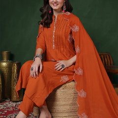 Kimayra Cotton Calf Length Solid 3/4 Sleeves Mandarin Straight Kurta Suit Set