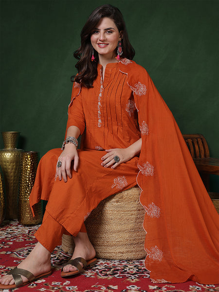 Kimayra Cotton Calf Length Solid 3/4 Sleeves Mandarin Straight Kurta Suit Set