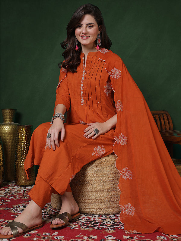 Kimayra Cotton Calf Length Solid 3/4 Sleeves Mandarin Straight Kurta Suit Set