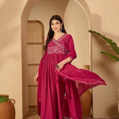 Kimayra Cotton Calf Length Solid 3/4 Sleeve V-Neck Anarkali Kurta Suit Set