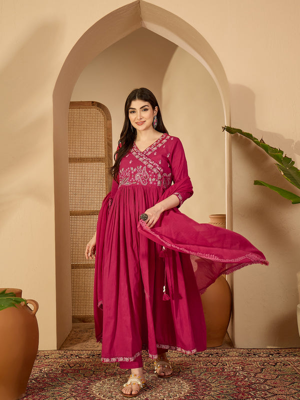Kimayra Cotton Calf Length Solid 3/4 Sleeve V-Neck Anarkali Kurta Suit Set