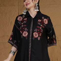 Kimayra Rayon Hip Length Solid 3/4 Sleeves Shirt Collar Flared Top
