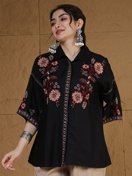 Kimayra Rayon Hip Length Solid 3/4 Sleeves Shirt Collar Flared Top
