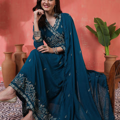 Kimayra Cotton Calf Length Printed 3/4 Sleeves Angrakha Anarkali Kurta Suit Set