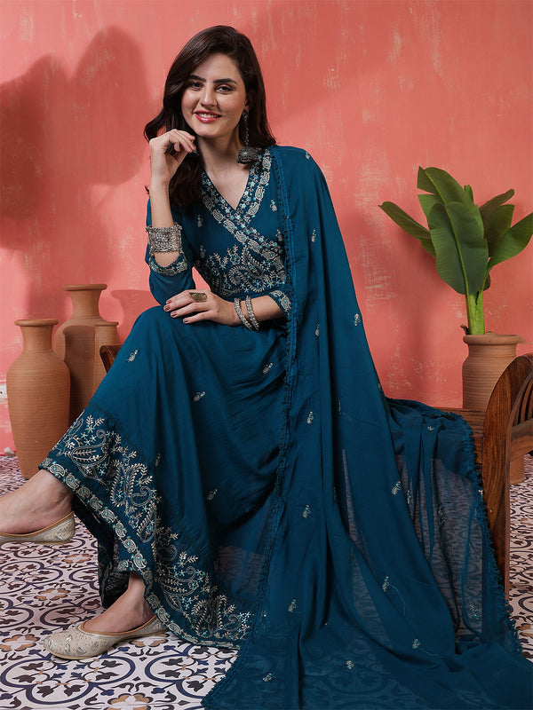 Kimayra Cotton Calf Length Printed 3/4 Sleeves Angrakha Anarkali Kurta Suit Set