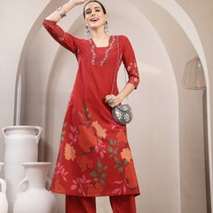 Kimayra Rayon Calf Length Printed 3/4 Sleeve V-Neck A-Line Kurta Suit Set