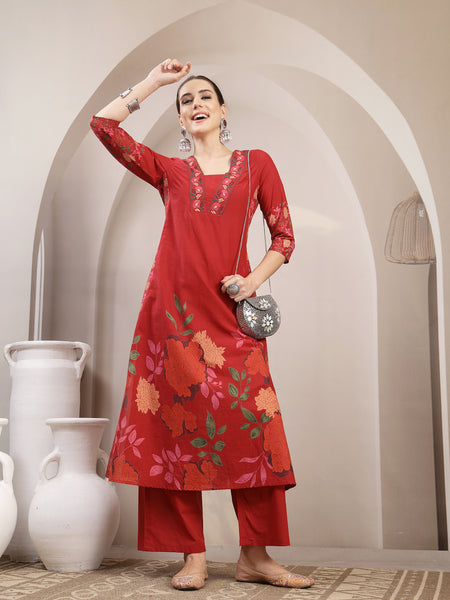 Kimayra Rayon Calf Length Printed 3/4 Sleeve V-Neck A-Line Kurta Suit Set