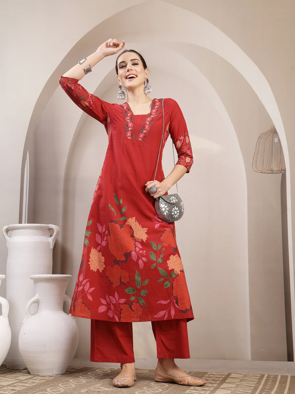 Kimayra Rayon Calf Length Printed 3/4 Sleeve V-Neck A-Line Kurta Suit Set