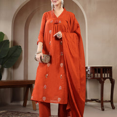 Kimayra Cotton Calf Length Printed 3/4 Sleeve V Neck Straight Kurta Suit Set