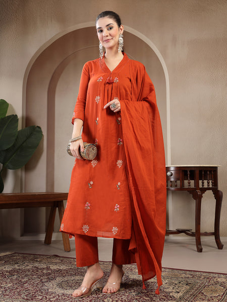 Kimayra Cotton Calf Length Printed 3/4 Sleeve V Neck Straight Kurta Suit Set