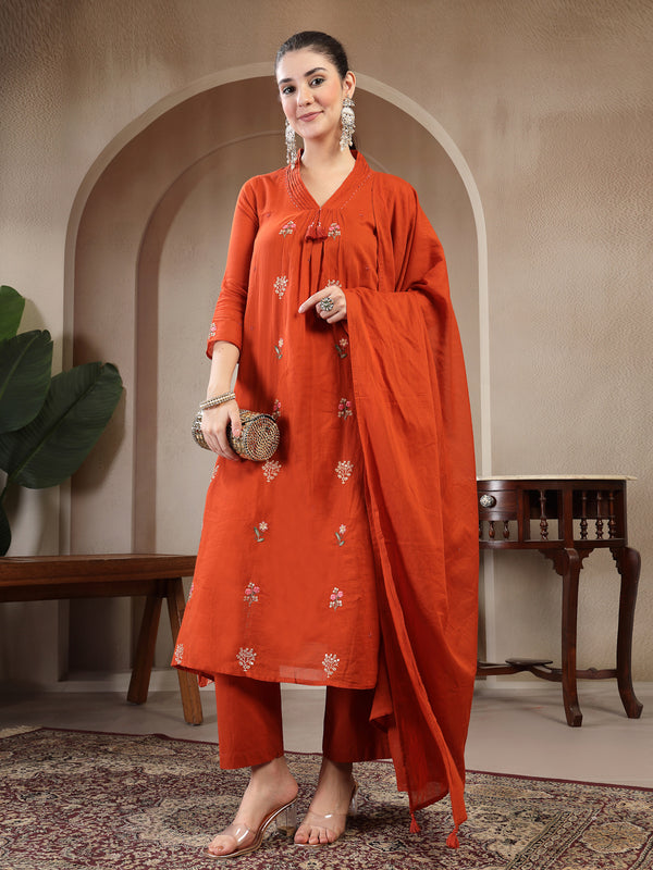 Kimayra Cotton Calf Length Printed 3/4 Sleeve V Neck Straight Kurta Suit Set