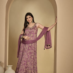 Kimayra Rayon Ankle Length Printed Sleeveless V-Neck Anarkali Kurta Suit Set
