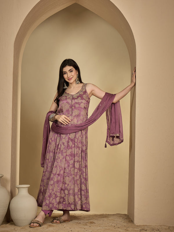 Kimayra Rayon Ankle Length Printed Sleeveless V-Neck Anarkali Kurta Suit Set