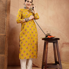 Kimayra Rayon Calf Length Printed 3/4 Sleeve Key Hole Neck Straight Kurta