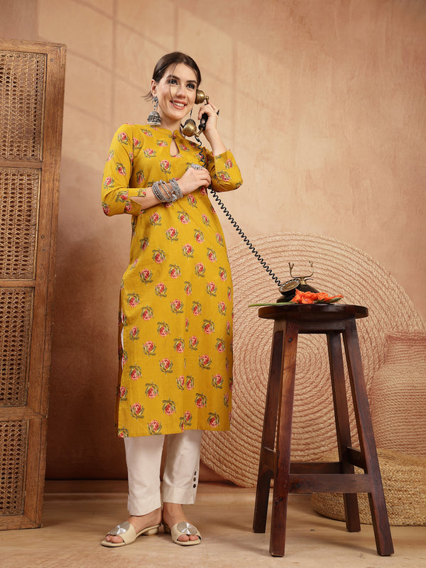 Kimayra Rayon Calf Length Printed 3/4 Sleeve Key Hole Neck Straight Kurta