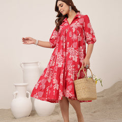 Kimayra Cotton Knee Length Printed 3/4 Sleeve Shirt Collar Flared Dress