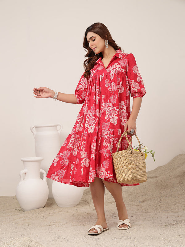 Kimayra Cotton Knee Length Printed 3/4 Sleeve Shirt Collar Flared Dress