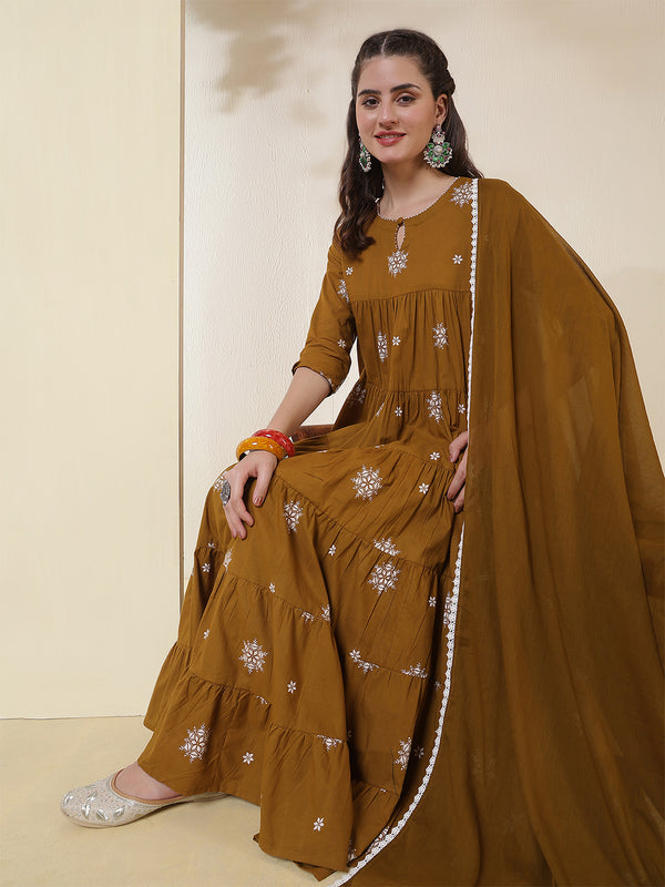 Kimayra Cotton Calf Length Printed 3/4 Sleeves Round Neck Anarkali Kurta Suit Set