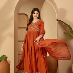 Kimayra Cotton Calf Length Solid 3/4 Sleeve V-Neck Anarkali Kurta Suit Set