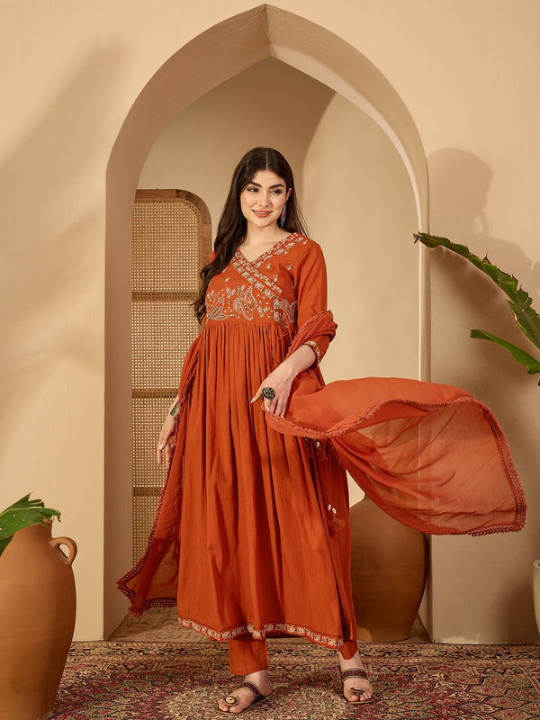 Kimayra Cotton Calf Length Solid 3/4 Sleeve V-Neck Anarkali Kurta Suit Set