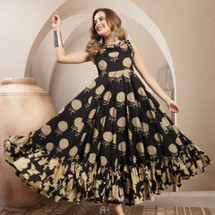 Kimayra Cotton Calf Length Printed Sleeveless Round Neck Flared Dress