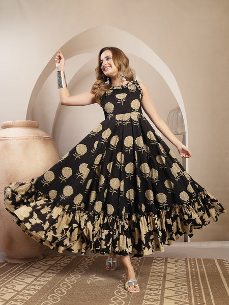 Kimayra Cotton Calf Length Printed Sleeveless Round Neck Flared Dress