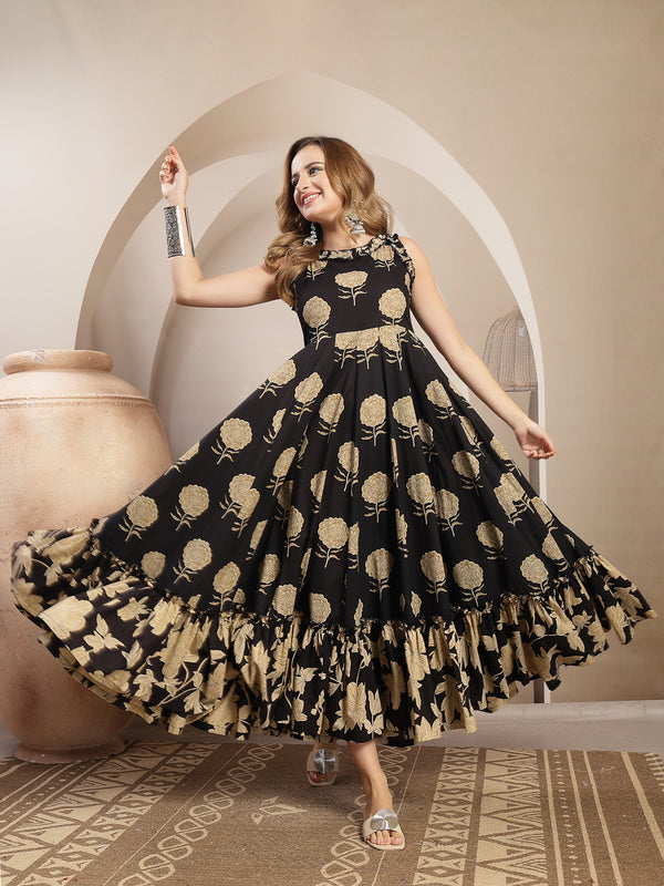 Kimayra Cotton Calf Length Printed Sleeveless Round Neck Flared Dress