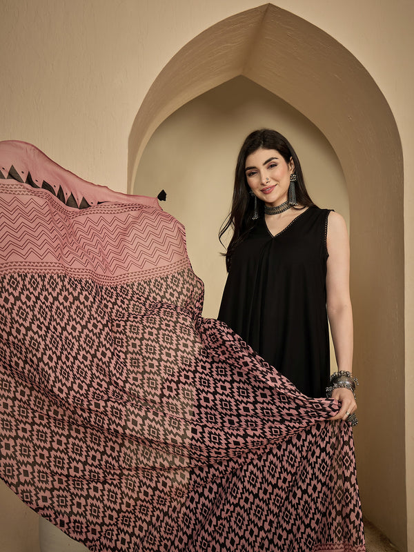 Kimayra Rayon Calf Length Solid Sleeveless V-Neck Flared Kurta Suit Set