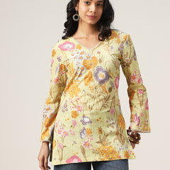 Kimayra Cotton Hip Length Printed Full Sleeve V-Neck Straight Top