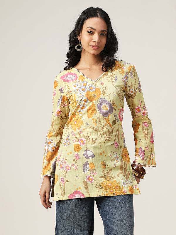 Kimayra Cotton Hip Length Printed Full Sleeve V-Neck Straight Top