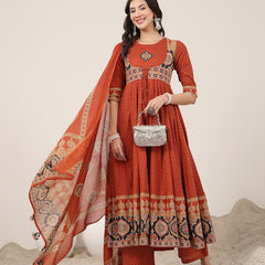 Kimayra Cotton Calf Length Printed 3/4 Sleeve Round Neck Flared Kurta Suit Set