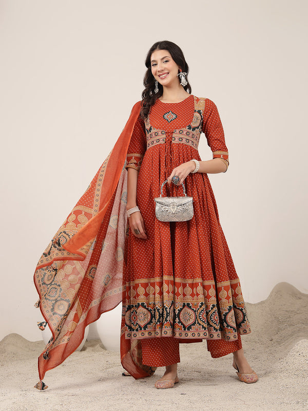 Kimayra Cotton Calf Length Printed 3/4 Sleeve Round Neck Flared Kurta Suit Set