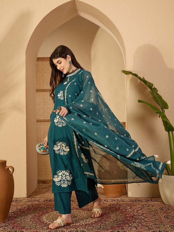 Kimayra Cotton Calf Length Printed Sleeveless Round Neck Straight Kurta Suit Set