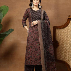 Kimayra Cotton Calf Length Printed 3/4 Sleeve Round Neck Straight Kurta Suit Set