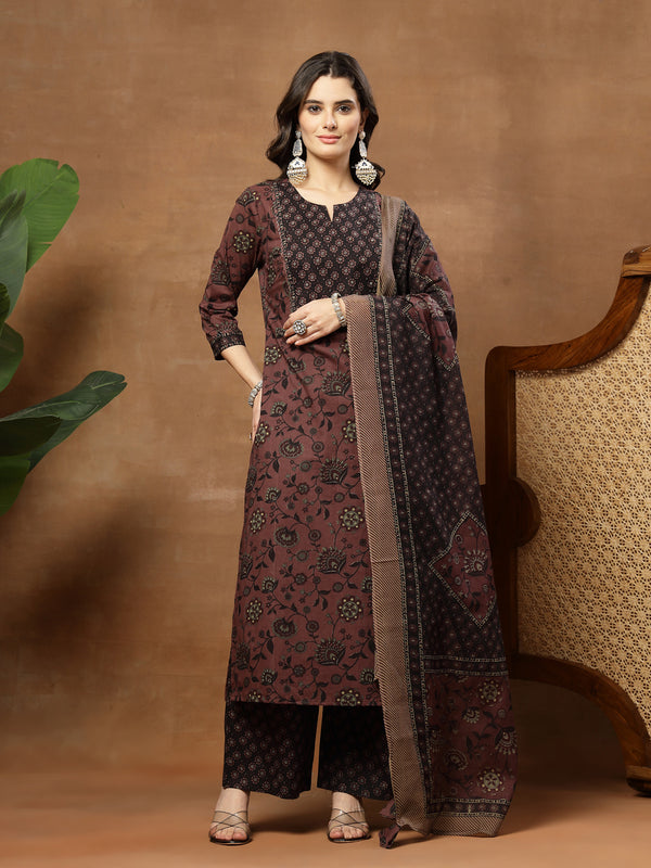 Kimayra Cotton Calf Length Printed 3/4 Sleeve Round Neck Straight Kurta Suit Set