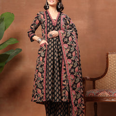 Kimayra Cotton Calf Length Printed 3/4 Sleeve V-Neck Flared Kurta Suit Set