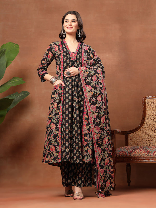 Kimayra Cotton Calf Length Printed 3/4 Sleeve V-Neck Flared Kurta Suit Set