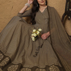 Kimayra Cotton Calf Length Printed 3/4 Sleeves V-Neck Anarkali Kurta Suit Set