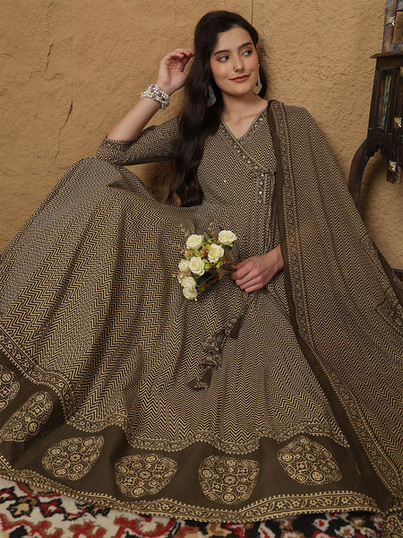 Kimayra Cotton Calf Length Printed 3/4 Sleeves V-Neck Anarkali Kurta Suit Set