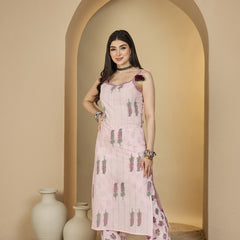 Kimayra Rayon Calf Length Printed Sleeveless Strappy Straight Kurta Suit Set