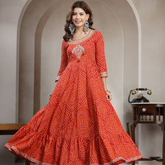 Kimayra Cotton Ankle Length Printed 3/4 Sleeve Round Neck Flared Kurta