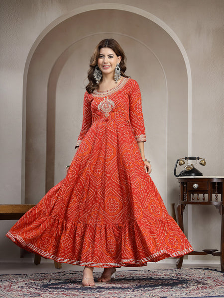 Kimayra Cotton Ankle Length Printed 3/4 Sleeve Round Neck Flared Kurta
