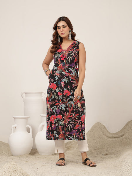 Kimayra Cotton Calf Length Printed Sleeveless V-Neck Straight Kurta